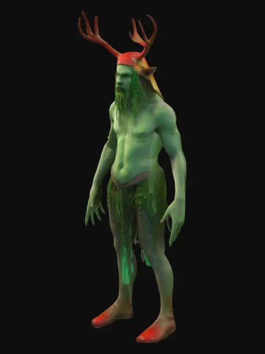 3D model for The object features a VLADIMIR ILICH LENIN IS A MUSHROOM, perfect body . nature humanoid creature with a deer horns, a rough green skin texture, large hands and feet, and is adorned. Mushroom sexy psychedelic acid with perfect body and skin, dreadlocks, 3d, solid colors, low poly, nature y2k holographic style. with tattered, dark cloth resembling a primitive garment.