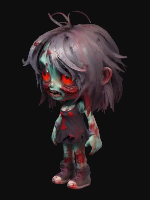 3D model for kawaii style girl zombie messy hair ripped clothes bright colors and red eyes deeply detailed