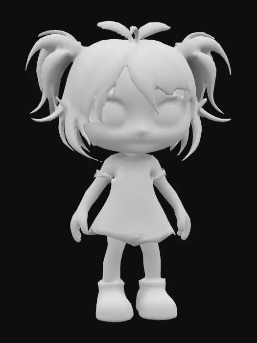 3D model for kawaii style girl zombie messy hair ripped clothes bright colors and red eyes deeply detailed