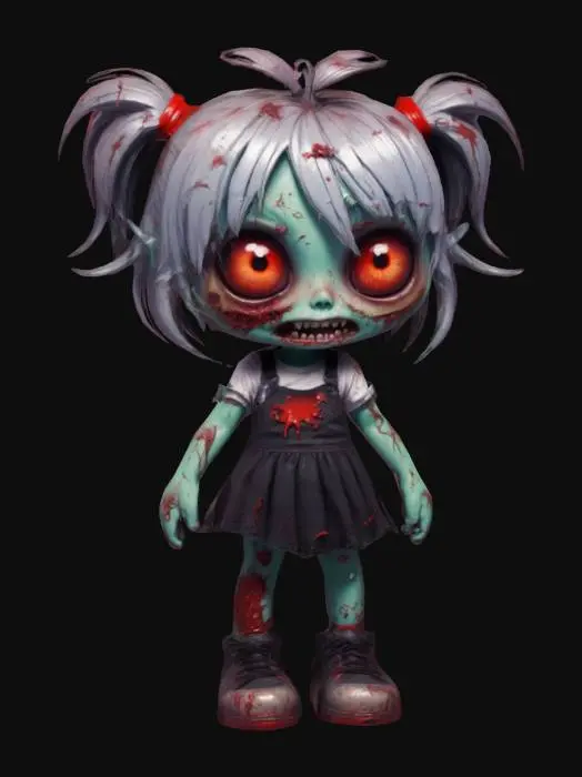 3D model for kawaii style girl zombie messy hair ripped clothes bright colors and red eyes deeply detailed