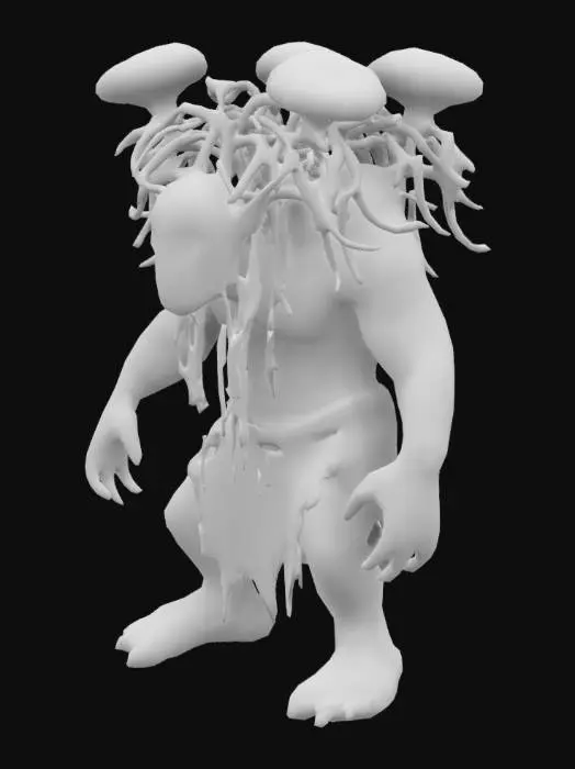 3D model for The object features a dual-headed, humanoid creature with a muscular build, a rough green skin texture, large hands and feet, and is adorned. Mushroom sexy psychedelic acid with perfect body and skin, dreadlocks, 3d, solid colors, low poly, nature y2k holographic style. with tattered, dark cloth resembling a primitive garment.,