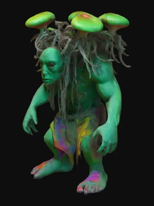 3D model for The object features a dual-headed, humanoid creature with a muscular build, a rough green skin texture, large hands and feet, and is adorned. Mushroom sexy psychedelic acid with perfect body and skin, dreadlocks, 3d, solid colors, low poly, nature y2k holographic style. with tattered, dark cloth resembling a primitive garment.,