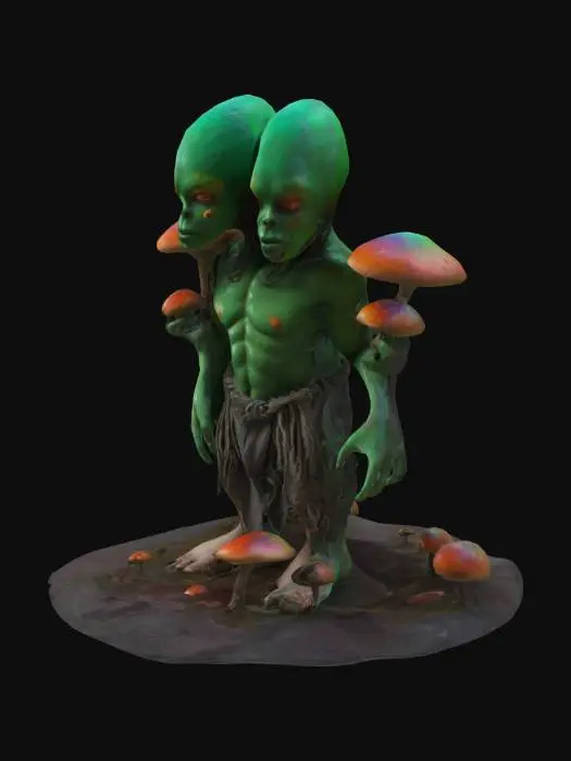 3D model for The object features a dual-headed, humanoid creature with a muscular build, a rough green skin texture, large hands and feet, and is adorned. Mushroom sexy psychedelic acid with perfect body and skin, dreadlocks, 3d, solid colors, low poly, nature y2k holographic style. with tattered, dark cloth resembling a primitive garment., 