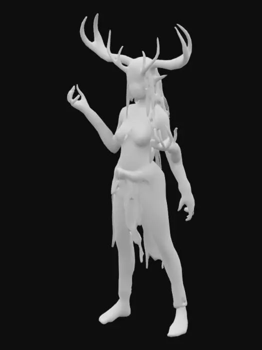 3D model for The object features a , perfect body female 18 y.o. nature humanoid creature with a deer horns, muscular build, a rough green skin texture, large hands and feet, and is adorned. Mushroom sexy psychedelic acid with perfect body and skin, dreadlocks, 3d, solid colors, low poly, nature y2k holographic style. with tattered, dark cloth resembling a primitive garment., 