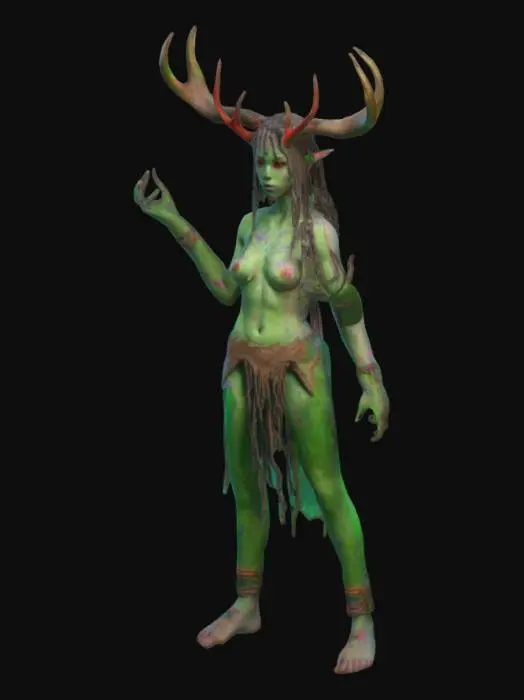 3D model for The object features a , perfect body female 18 y.o. nature humanoid creature with a deer horns, muscular build, a rough green skin texture, large hands and feet, and is adorned. Mushroom sexy psychedelic acid with perfect body and skin, dreadlocks, 3d, solid colors, low poly, nature y2k holographic style. with tattered, dark cloth resembling a primitive garment., 