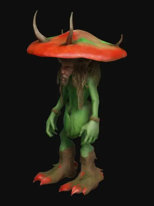 3D model for The object features a VLADIMIR ILICH LENIN IS A MUSHROOM, perfect body . nature humanoid creature with a deer horns, a rough green skin texture, large hands and feet, and is adorned. Mushroom sexy psychedelic acid with perfect body and skin, dreadlocks, 3d, solid colors, low poly, nature y2k holographic style. with tattered, dark cloth resembling a primitive garment.