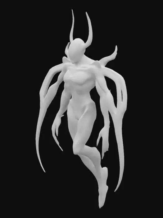 3D model for The object is a sleek, abstract figure with elongated limbs and sharp, angular shapes that create a sense of dynamic movement. Its dark, smooth metallic surface glistens with subtle reflections, enhanced by glowing, otherworldly patterns that pulse gently across its body, suggesting an inner energy. These intricate designs add depth and complexity, evoking a feeling of mystery and intrigue, as if the figure holds secrets from beyond the stars.