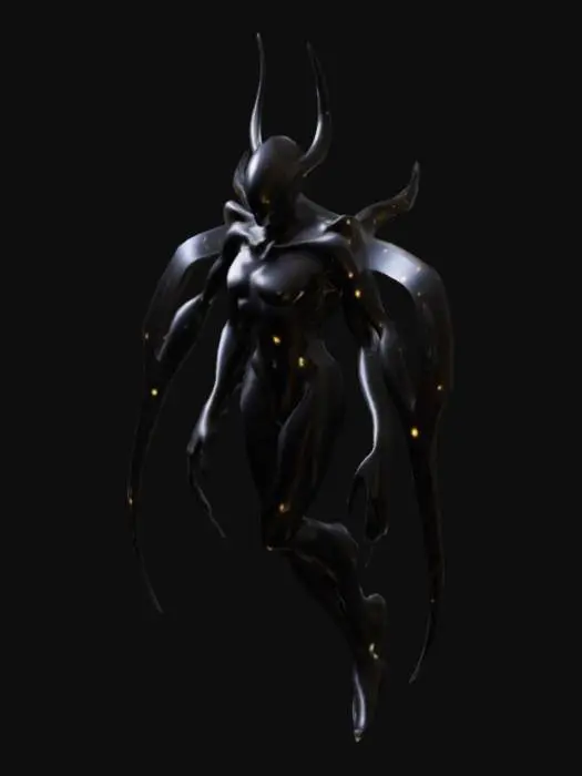 3D model for The object is a sleek, abstract figure with elongated limbs and sharp, angular shapes that create a sense of dynamic movement. Its dark, smooth metallic surface glistens with subtle reflections, enhanced by glowing, otherworldly patterns that pulse gently across its body, suggesting an inner energy. These intricate designs add depth and complexity, evoking a feeling of mystery and intrigue, as if the figure holds secrets from beyond the stars.