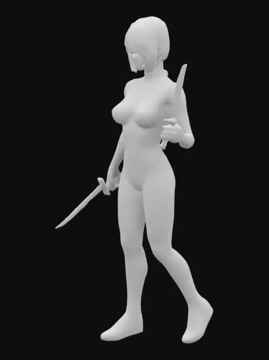 3D model for A sleek, cyber-enhanced assassin from a forgotten dying star system. Her synthetic body is clad in reflective nano-weave, constantly shifting to match her surroundings. Her holographic visor, a seamless black surface, hides her four glowing irises, allowing her to see across dimensions. She wields two plasma daggers, their edges bending light, and leaves behind only whispers of digital echoes as she phases in and out of existence, #game figure#