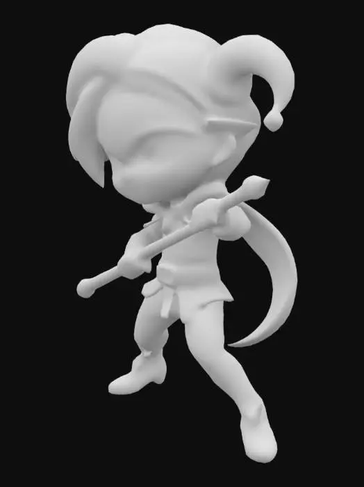 3D model for Arlecchino from Genshin Impact.  Holding a polearm. Fighting pose. Chibi art style. Highly stylized. Highly detailed. Sharp, clean lines. All walls and features at least 2mm thick.  Bold, recessed features with a depth of at least 2mm. Embossed features to rise at least 2mm above the surface. Recess etched details at least 2mm deep.