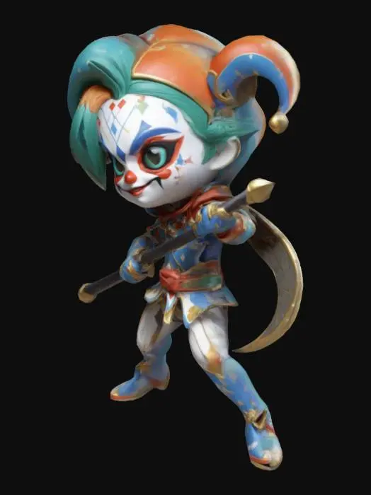 3D model for Arlecchino from Genshin Impact.  Holding a polearm. Fighting pose. Chibi art style. Highly stylized. Highly detailed. Sharp, clean lines. All walls and features at least 2mm thick.  Bold, recessed features with a depth of at least 2mm. Embossed features to rise at least 2mm above the surface. Recess etched details at least 2mm deep.