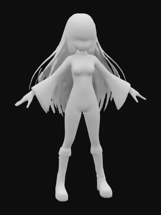 3D model for Female vampire-ninja 3D model (T-pose, full-body): Athletic build. Neon-blue metallic dreads + black hair to waist. Half-mask, amber glowing eyes, anime face (fangs). Outfit: Black/white suit w/ red embroidery (sleeves/chest/thighs). Textures: SSS skin, micro-wrinkles cloth, PBR metals. Rig-ready, clean topology, UVs