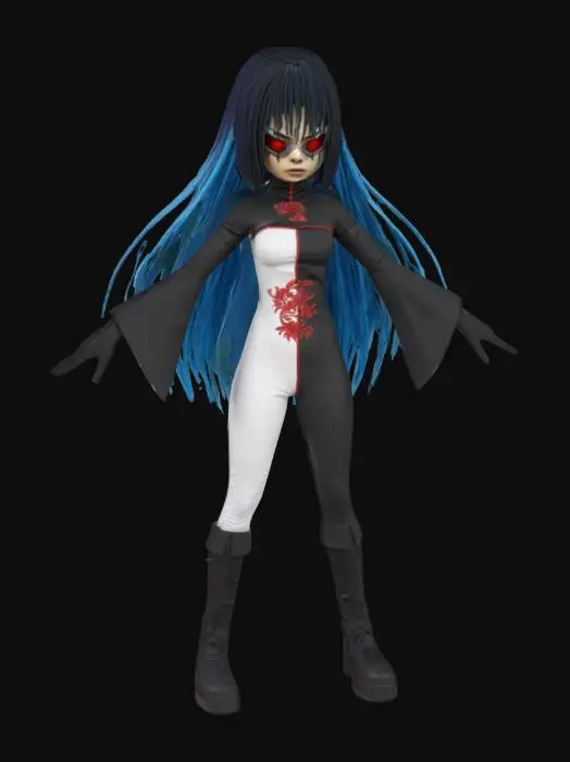 3D model for Female vampire-ninja 3D model (T-pose, full-body): Athletic build. Neon-blue metallic dreads + black hair to waist. Half-mask, amber glowing eyes, anime face (fangs). Outfit: Black/white suit w/ red embroidery (sleeves/chest/thighs). Textures: SSS skin, micro-wrinkles cloth, PBR metals. Rig-ready, clean topology, UVs