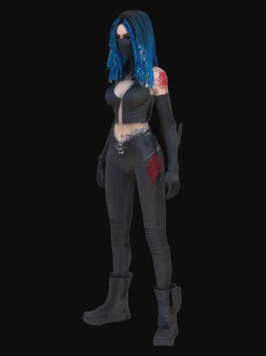 3D model for photorealistic gothic Female vampire-ninja 3D model (A-pose, full-body): skinny beautiful Athletic fit female. Neon-blue metallic dreads + black hair to waist. gothic Half-mask, gothic beautiful female face. Outfit: Black/white suit w/ red embroidery (sleeves/chest/thighs). Textures: SSS skin, micro-wrinkles, gothic-punk latex cloth, PBR metals. Rig-ready, clean topology, UVs