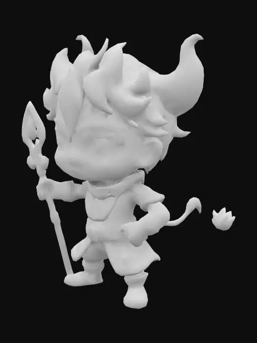 3D model for Arlecchino from Genshin Impact.  Holding a polearm. Fighting pose. Chibi art style. Highly stylized. Highly detailed. Sharp, clean lines. All walls and features at least 2mm thick.  Bold, recessed features with a depth of at least 2mm. Embossed features to rise at least 2mm above the surface. Recess etched details at least 2mm deep.