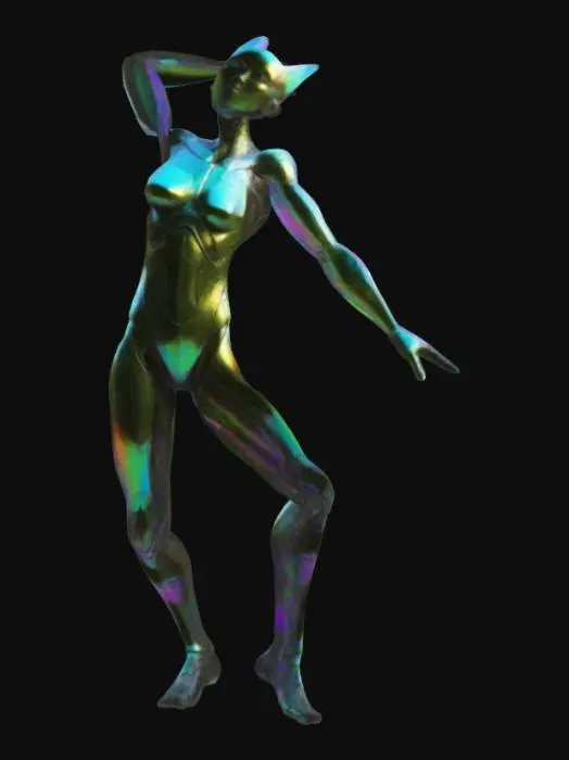 3D model for The object features an elongated, humanoid shape with sharp, fluorescent wild nature angular geometry and a textured, iridescent surface resembling organic armor. T-pose