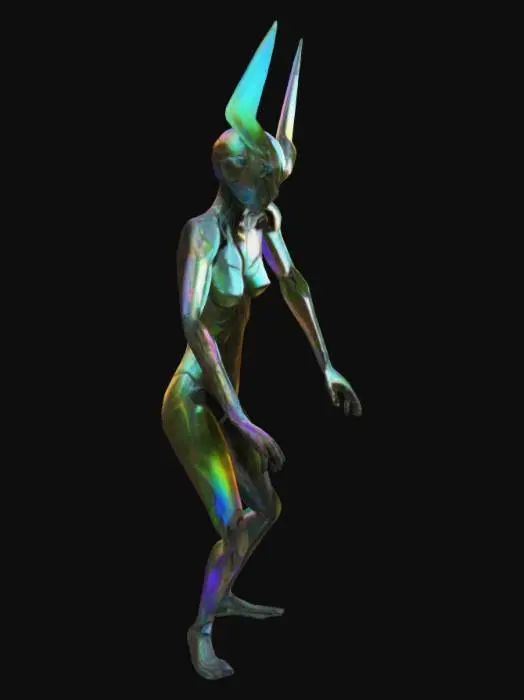 3D model for The object features an elongated, humanoid shape with sharp, fluorescent wild nature angular geometry and a textured, iridescent surface resembling organic armor. T-pose