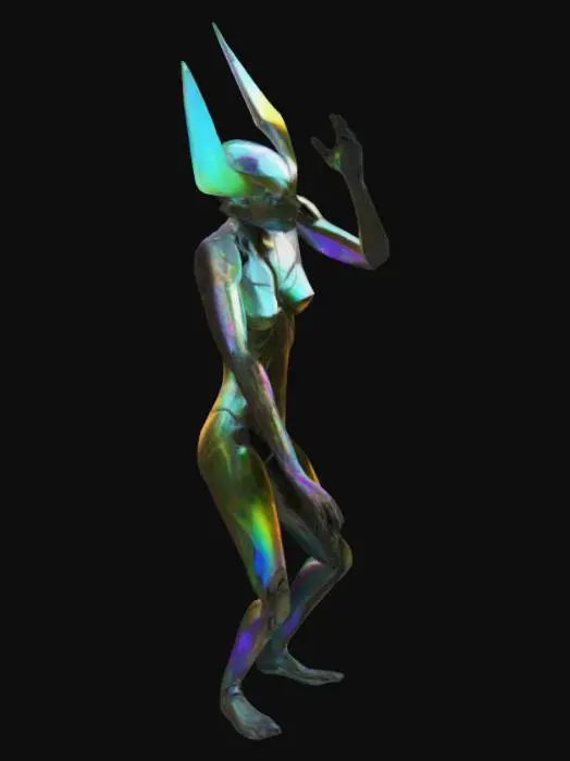 3D model for The object features an elongated, humanoid shape with sharp, fluorescent wild nature angular geometry and a textured, iridescent surface resembling organic armor. T-pose