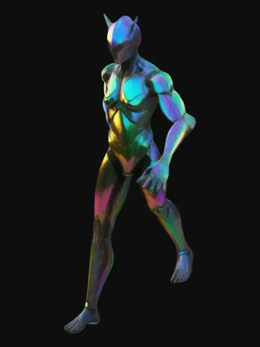 3D model for The object features an elongated, humanoid shape with sharp, fluorescent wild nature angular geometry and a textured, iridescent surface resembling organic armor. T-pose