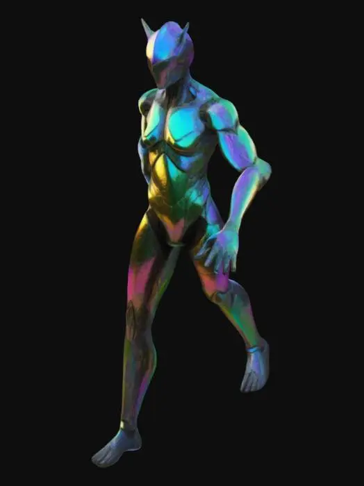 3D model for The object features an elongated, humanoid shape with sharp, fluorescent wild nature angular geometry and a textured, iridescent surface resembling organic armor. T-pose