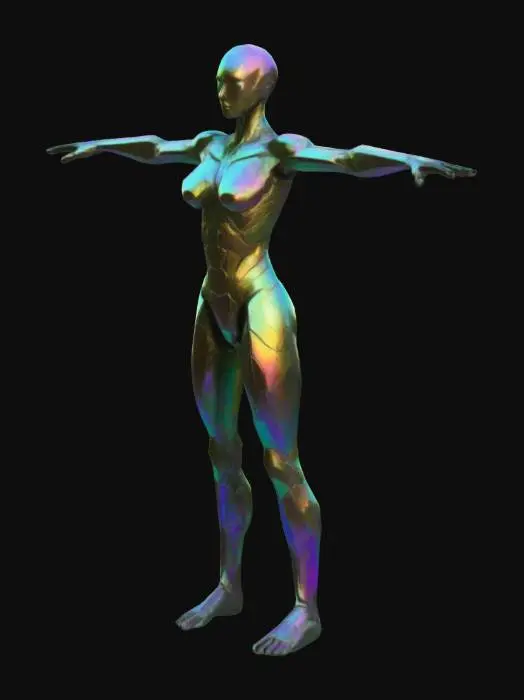 3D model for The object features an elongated, humanoid shape with sharp, fluorescent wild nature angular geometry and a textured, iridescent surface resembling organic armor. T-pose