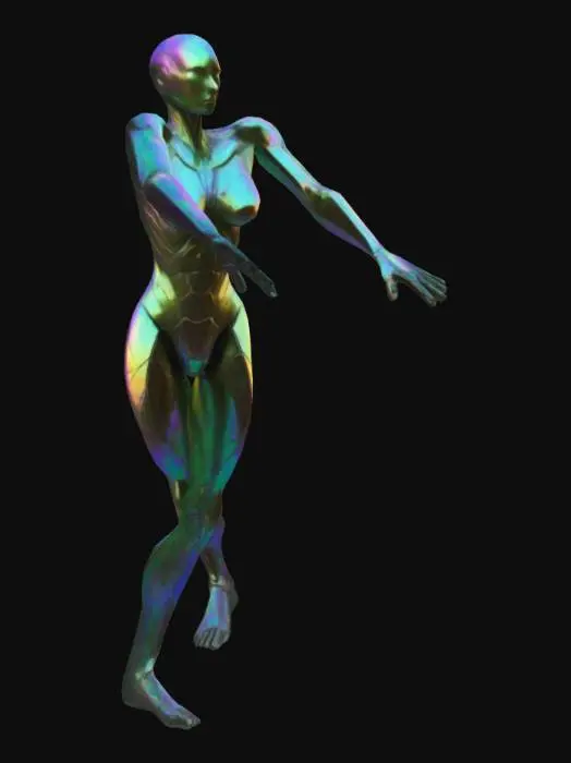 3D model for The object features an elongated, humanoid shape with sharp, fluorescent wild nature angular geometry and a textured, iridescent surface resembling organic armor. T-pose