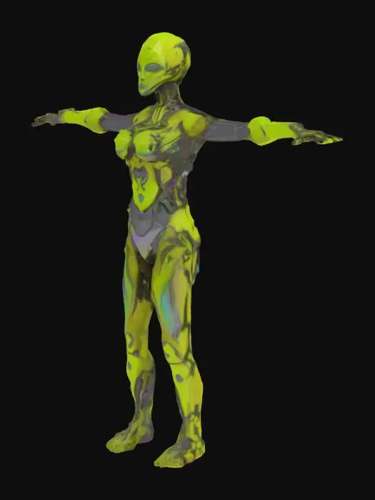 3D model for The object features an elongated, humanoid shape with sharp, fluorescent wild nature angular punk geometry figures and liquid metal tribal forms and a textured, iridescent surface resembling organic armor. T-pose