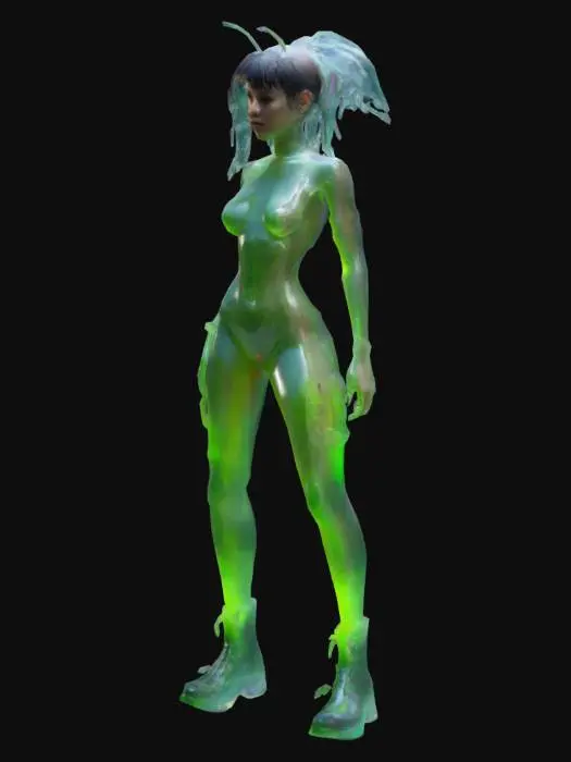3D model for punk neon transparent jelly  fluorescent female character, realistic adult woman proportions, humanoid body, semi-translucent surface, anthropomorphic slug, photorealism, slimy surface, masterpiece, dripping transparent slime, #garden#