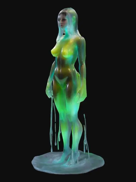 3D model for punk neon transparent jelly  fluorescent female character, realistic adult woman proportions, humanoid body, semi-translucent surface, anthropomorphic slug, photorealism, slimy surface, masterpiece, dripping transparent slime, #garden#