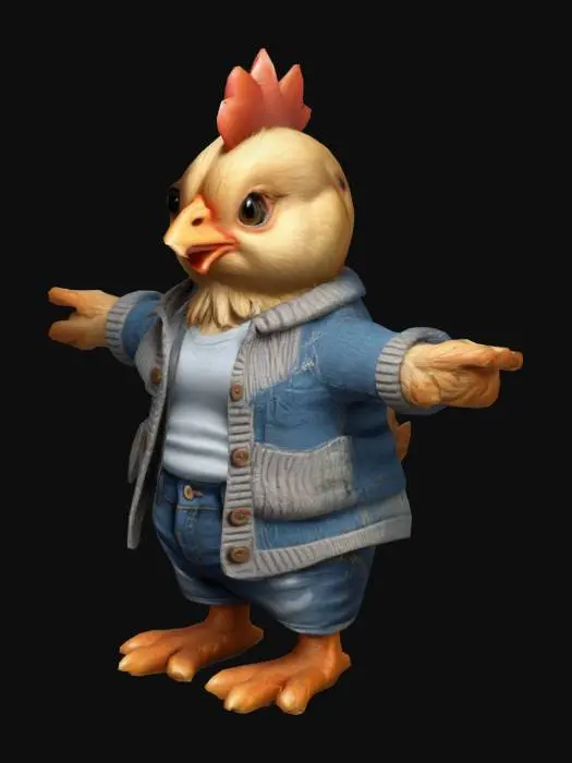 3D model for perfect human face, A hen wearing jeans, a t-shirt, and a cardigan. Chibi art style. Thick lines. Deep and bold embossed and engraved details. Well-defined and bold edges. Sculpted blocky style. Highly detailed. Highly stylized. T-pose