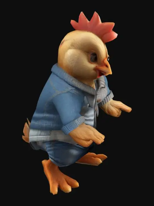 3D model for perfect human face, A hen wearing jeans, a t-shirt, and a cardigan. Chibi art style. Thick lines. Deep and bold embossed and engraved details. Well-defined and bold edges. Sculpted blocky style. Highly detailed. Highly stylized. T-pose