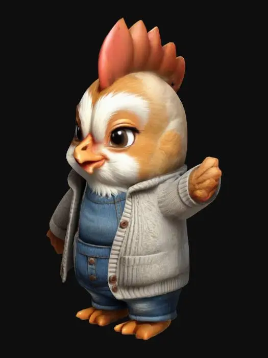 3D model for perfect human face, A hen wearing jeans, a t-shirt, and a cardigan. Chibi art style. Thick lines. Deep and bold embossed and engraved details. Well-defined and bold edges. Sculpted blocky style. Highly detailed. Highly stylized. T-pose