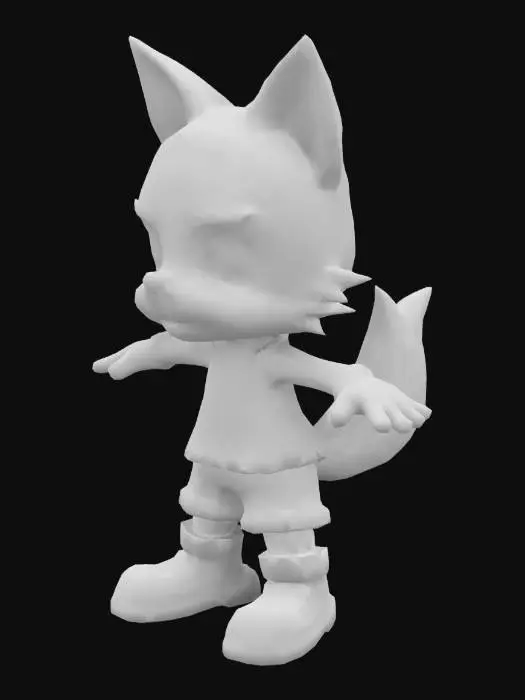 3D model for perfect realistic anime toon cute funny chibi foxy in jeans shorts and cute cyberpunk toony clothes. perfect face. Chibi art style. Thick lines. Deep and bold embossed and engraved details. Well defined and bold edges. Sculptural block style. Highly detailed. Strongly stylized. T-pose