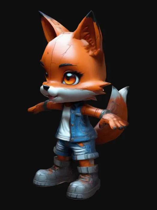 3D model for perfect realistic anime toon cute funny chibi foxy in jeans shorts and cute cyberpunk toony clothes. perfect face. Chibi art style. Thick lines. Deep and bold embossed and engraved details. Well defined and bold edges. Sculptural block style. Highly detailed. Strongly stylized. T-pose