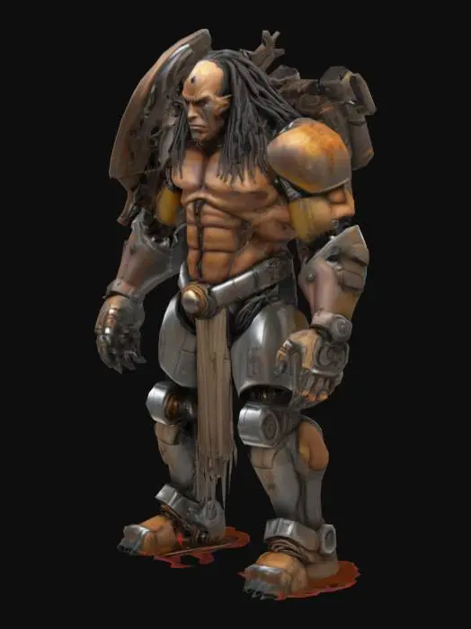3D model for Ultra-detailed 3D render of a colossal muscular cyborg 'Tank Metalhead'. Hyper-realistic textures: oiled metallic skin fused with armored plating, rivets, and battle scars. Instead of a head, a rusted tank turret emerges, with 5 thick, cable-like dreadlocks made of braided steel chains and hydraulic hoses. Boris Vallejo-inspired palette: burnished copper, gunmetal gray, and blood-red tribal tattoos glowing across chest. Pose: roaring mid-stride on a shattered battlefield, crushing debris under tank-tread boots. Dramatic sunset lighting accentuates chrome abs and dieselpunk exhaust pipes on shoulders. 8k resolution, Unreal Engine 5 realism, subsurface scattering on skin, octane render. Style: hybrid of biomechanical horror and heavy metal album art.