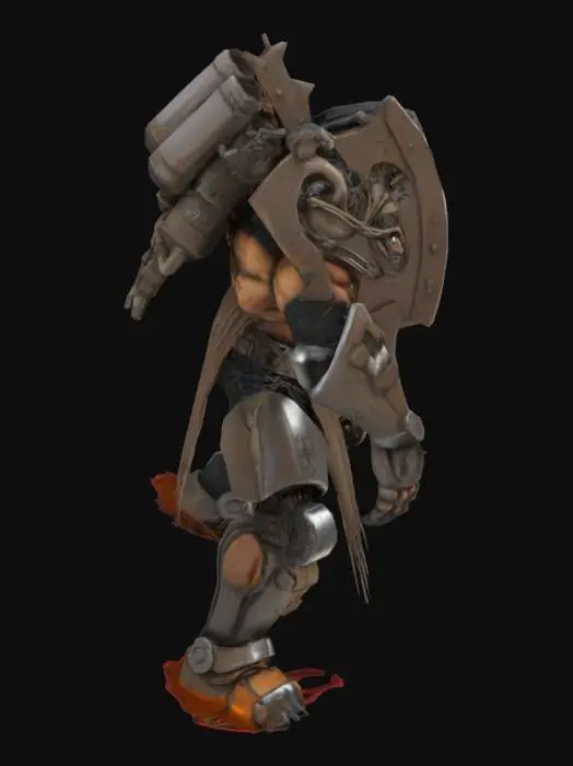 3D model for Ultra-detailed 3D render of a colossal muscular cyborg 'Tank Metalhead'. Hyper-realistic textures: oiled metallic skin fused with armored plating, rivets, and battle scars. Instead of a head, a rusted tank turret emerges, with 5 thick, cable-like dreadlocks made of braided steel chains and hydraulic hoses. Boris Vallejo-inspired palette: burnished copper, gunmetal gray, and blood-red tribal tattoos glowing across chest. Pose: roaring mid-stride on a shattered battlefield, crushing debris under tank-tread boots. Dramatic sunset lighting accentuates chrome abs and dieselpunk exhaust pipes on shoulders. 8k resolution, Unreal Engine 5 realism, subsurface scattering on skin, octane render. Style: hybrid of biomechanical horror and heavy metal album art.