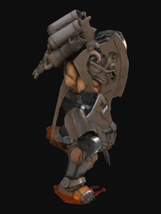 3D model for Ultra-detailed 3D render of a colossal muscular cyborg 'Tank Metalhead'. Hyper-realistic textures: oiled metallic skin fused with armored plating, rivets, and battle scars. Instead of a head, a rusted tank turret emerges, with 5 thick, cable-like dreadlocks made of braided steel chains and hydraulic hoses. Boris Vallejo-inspired palette: burnished copper, gunmetal gray, and blood-red tribal tattoos glowing across chest. Pose: roaring mid-stride on a shattered battlefield, crushing debris under tank-tread boots. Dramatic sunset lighting accentuates chrome abs and dieselpunk exhaust pipes on shoulders. 8k resolution, Unreal Engine 5 realism, subsurface scattering on skin, octane render. Style: hybrid of biomechanical horror and heavy metal album art.