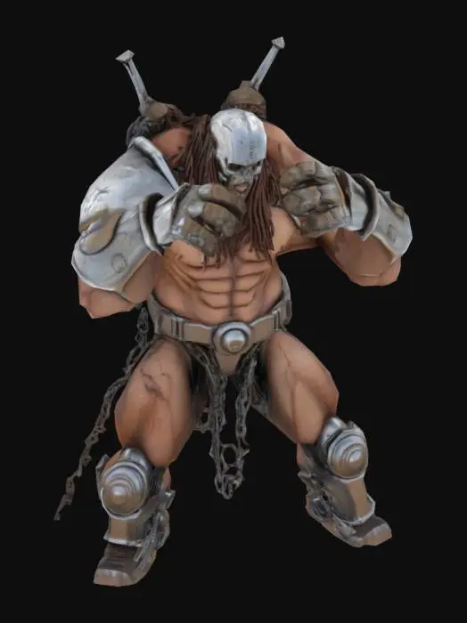 3D model for Ultra-detailed 3D render of a colossal muscular cyborg 'Tank Metalhead'. Hyper-realistic textures: oiled metallic skin fused with armored plating, rivets, and battle scars. Instead of a head, a rusted tank turret emerges, with 5 thick, cable-like dreadlocks made of braided steel chains and hydraulic hoses. Boris Vallejo-inspired palette: burnished copper, gunmetal gray, and blood-red tribal tattoos glowing across chest. Pose: roaring mid-stride on a shattered battlefield, crushing debris under tank-tread boots. Dramatic sunset lighting accentuates chrome abs and dieselpunk exhaust pipes on shoulders. 8k resolution, Unreal Engine 5 realism, subsurface scattering on skin, octane render. Style: hybrid of biomechanical horror and heavy metal album art. (((T-posed)))