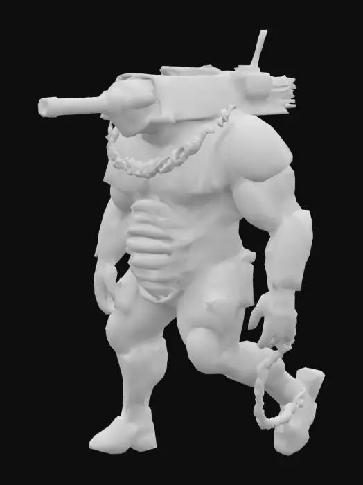 3D model for Ultra-detailed 3D render of a colossal muscular cyborg 'Tank Metalhead'. Hyper-realistic textures: oiled metallic skin fused with armored plating, rivets, and battle scars. Instead of a head, a rusted tank turret emerges, with 5 thick, cable-like dreadlocks made of braided steel chains and hydraulic hoses. Boris Vallejo-inspired palette: burnished copper, gunmetal gray, and blood-red tribal tattoos glowing across chest. Pose: roaring mid-stride on a shattered battlefield, crushing debris under tank-tread boots. Dramatic sunset lighting accentuates chrome abs and dieselpunk exhaust pipes on shoulders. 8k resolution, Unreal Engine 5 realism, subsurface scattering on skin, octane render. Style: hybrid of biomechanical horror and heavy metal album art.
