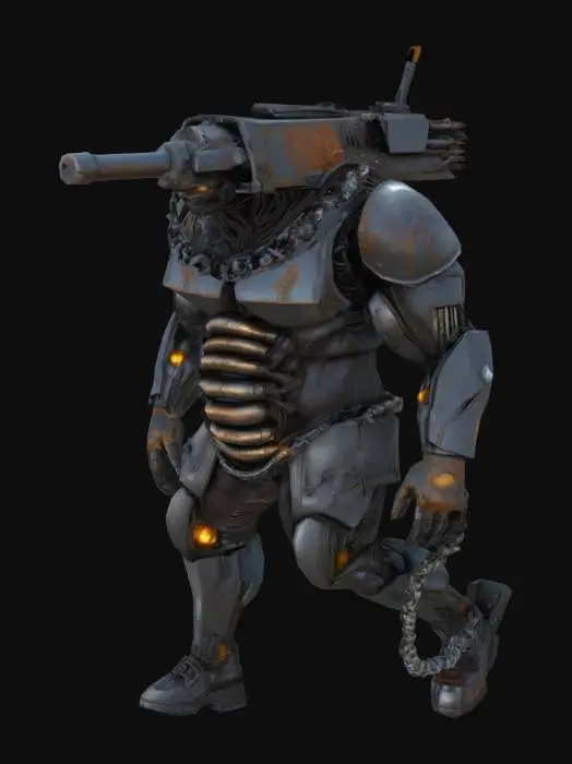 3D model for Ultra-detailed 3D render of a colossal muscular cyborg 'Tank Metalhead'. Hyper-realistic textures: oiled metallic skin fused with armored plating, rivets, and battle scars. Instead of a head, a rusted tank turret emerges, with 5 thick, cable-like dreadlocks made of braided steel chains and hydraulic hoses. Boris Vallejo-inspired palette: burnished copper, gunmetal gray, and blood-red tribal tattoos glowing across chest. Pose: roaring mid-stride on a shattered battlefield, crushing debris under tank-tread boots. Dramatic sunset lighting accentuates chrome abs and dieselpunk exhaust pipes on shoulders. 8k resolution, Unreal Engine 5 realism, subsurface scattering on skin, octane render. Style: hybrid of biomechanical horror and heavy metal album art.