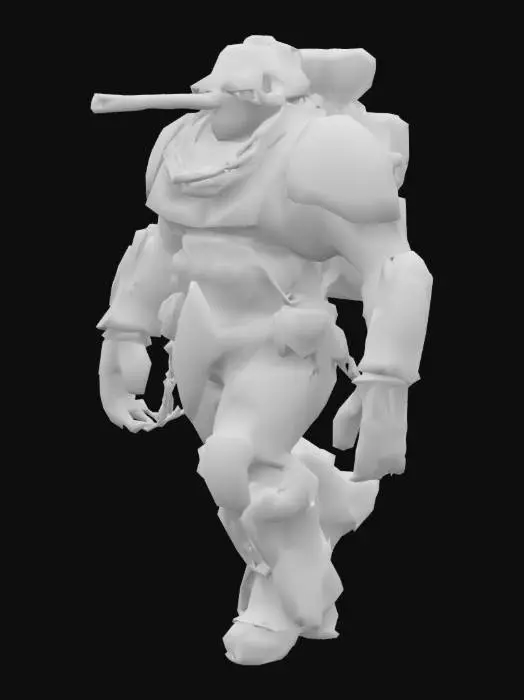 3D model for Ultra-detailed 3D render of a colossal muscular cyborg 'Tank Metalhead'. Hyper-realistic textures: oiled metallic skin fused with armored plating, rivets, and battle scars. Instead of a head, a rusted tank turret emerges, with 5 thick, cable-like dreadlocks made of braided steel chains and hydraulic hoses. Boris Vallejo-inspired palette: burnished copper, gunmetal gray, and blood-red tribal tattoos glowing across chest. Pose: roaring mid-stride on a shattered battlefield, crushing debris under tank-tread boots. Dramatic sunset lighting accentuates chrome abs and dieselpunk exhaust pipes on shoulders. 8k resolution, Unreal Engine 5 realism, subsurface scattering on skin, octane render. Style: hybrid of biomechanical horror and heavy metal album art. (((T-posed)))