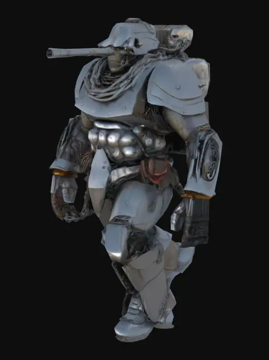 3D model for Ultra-detailed 3D render of a colossal muscular cyborg 'Tank Metalhead'. Hyper-realistic textures: oiled metallic skin fused with armored plating, rivets, and battle scars. Instead of a head, a rusted tank turret emerges, with 5 thick, cable-like dreadlocks made of braided steel chains and hydraulic hoses. Boris Vallejo-inspired palette: burnished copper, gunmetal gray, and blood-red tribal tattoos glowing across chest. Pose: roaring mid-stride on a shattered battlefield, crushing debris under tank-tread boots. Dramatic sunset lighting accentuates chrome abs and dieselpunk exhaust pipes on shoulders. 8k resolution, Unreal Engine 5 realism, subsurface scattering on skin, octane render. Style: hybrid of biomechanical horror and heavy metal album art. (((T-posed)))