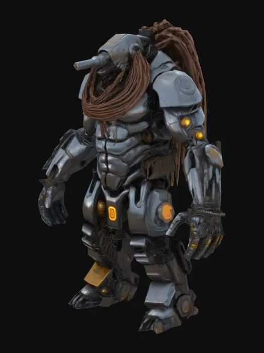 3D model for Ultra-detailed 3D render of a colossal muscular cyborg 'Tank Metalhead'. liquid metal y2k cyberpunk. Hyper-realistic textures: oiled metallic skin fused with armored plating, rivets, and battle scars. Instead of a head, a rusted tank turret emerges, with 5 thick, cable-like dreadlocks made of braided steel chains and hydraulic hoses. Boris Vallejo-inspired palette: burnished copper, gunmetal gray, and blood-red tribal tattoos glowing across chest.  roaring mid-stride on a shattered battlefield, crushing debris under tank-tread boots. Dramatic sunset lighting accentuates chrome abs and dieselpunk exhaust pipes on shoulders. 8k resolution, Unreal Engine 5 realism, subsurface scattering on skin, octane render. Style: hybrid of biomechanical horror and heavy metal album art. T-posed.