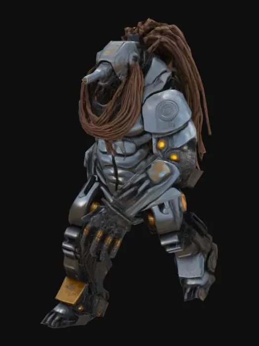 3D model for Ultra-detailed 3D render of a colossal muscular cyborg 'Tank Metalhead'. liquid metal y2k cyberpunk. Hyper-realistic textures: oiled metallic skin fused with armored plating, rivets, and battle scars. Instead of a head, a rusted tank turret emerges, with 5 thick, cable-like dreadlocks made of braided steel chains and hydraulic hoses. Boris Vallejo-inspired palette: burnished copper, gunmetal gray, and blood-red tribal tattoos glowing across chest.  roaring mid-stride on a shattered battlefield, crushing debris under tank-tread boots. Dramatic sunset lighting accentuates chrome abs and dieselpunk exhaust pipes on shoulders. 8k resolution, Unreal Engine 5 realism, subsurface scattering on skin, octane render. Style: hybrid of biomechanical horror and heavy metal album art. T-posed.