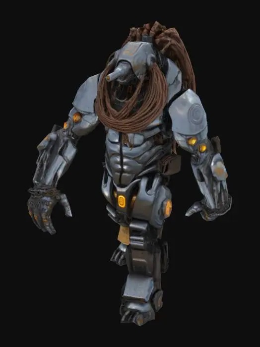 3D model for Ultra-detailed 3D render of a colossal muscular cyborg 'Tank Metalhead'. liquid metal y2k cyberpunk. Hyper-realistic textures: oiled metallic skin fused with armored plating, rivets, and battle scars. Instead of a head, a rusted tank turret emerges, with 5 thick, cable-like dreadlocks made of braided steel chains and hydraulic hoses. Boris Vallejo-inspired palette: burnished copper, gunmetal gray, and blood-red tribal tattoos glowing across chest.  roaring mid-stride on a shattered battlefield, crushing debris under tank-tread boots. Dramatic sunset lighting accentuates chrome abs and dieselpunk exhaust pipes on shoulders. 8k resolution, Unreal Engine 5 realism, subsurface scattering on skin, octane render. Style: hybrid of biomechanical horror and heavy metal album art. T-posed.