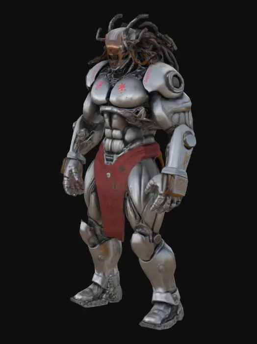 3D model for Ultra-detailed 3D render of a colossal muscular cyborg 'Tank Metalhead'. liquid metal y2k cyberpunk. Hyper-realistic textures: oiled metallic skin fused with armored plating, rivets, and battle scars. Instead of a head, a rusted tank turret emerges, with 5 thick, cable-like dreadlocks made of braided steel chains and hydraulic hoses. Boris Vallejo-inspired palette: burnished copper, gunmetal gray, and blood-red tribal tattoos glowing across chest.  roaring mid-stride on a shattered battlefield, crushing debris under tank-tread boots. Dramatic sunset lighting accentuates chrome abs and dieselpunk exhaust pipes on shoulders. 8k resolution, Unreal Engine 5 realism, subsurface scattering on skin, octane render. Style: hybrid of biomechanical horror and heavy metal album art. T-posed.