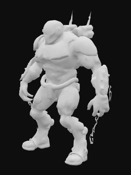3D model for Ultra-detailed 3D render of a colossal muscular cyborg 'Tank Metalhead'. Hyper-realistic textures: oiled metallic skin fused with armored plating, rivets, and battle scars. Instead of a head, a rusted tank turret emerges, with 5 thick, cable-like dreadlocks made of braided steel chains and hydraulic hoses. Boris Vallejo-inspired palette: burnished copper, gunmetal gray, and blood-red tribal tattoos glowing across chest. Pose: roaring mid-stride on a shattered battlefield, crushing debris under tank-tread boots. Dramatic sunset lighting accentuates chrome abs and dieselpunk exhaust pipes on shoulders. 8k resolution, Unreal Engine 5 realism, subsurface scattering on skin, octane render. Style: hybrid of biomechanical horror and heavy metal album art. (((T-posed)))