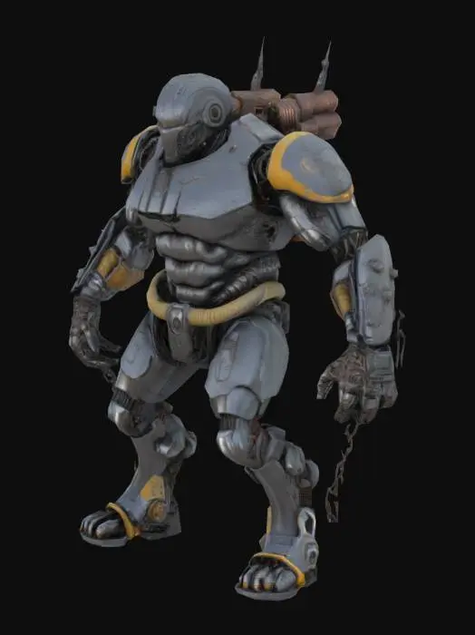 3D model for Ultra-detailed 3D render of a colossal muscular cyborg 'Tank Metalhead'. Hyper-realistic textures: oiled metallic skin fused with armored plating, rivets, and battle scars. Instead of a head, a rusted tank turret emerges, with 5 thick, cable-like dreadlocks made of braided steel chains and hydraulic hoses. Boris Vallejo-inspired palette: burnished copper, gunmetal gray, and blood-red tribal tattoos glowing across chest. Pose: roaring mid-stride on a shattered battlefield, crushing debris under tank-tread boots. Dramatic sunset lighting accentuates chrome abs and dieselpunk exhaust pipes on shoulders. 8k resolution, Unreal Engine 5 realism, subsurface scattering on skin, octane render. Style: hybrid of biomechanical horror and heavy metal album art. (((T-posed)))