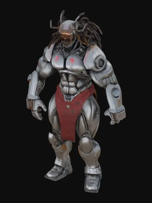 3D model for Ultra-detailed 3D render of a colossal muscular cyborg 'Tank Metalhead'. liquid metal y2k cyberpunk. Hyper-realistic textures: oiled metallic skin fused with armored plating, rivets, and battle scars. Instead of a head, a rusted tank turret emerges, with 5 thick, cable-like dreadlocks made of braided steel chains and hydraulic hoses. Boris Vallejo-inspired palette: burnished copper, gunmetal gray, and blood-red tribal tattoos glowing across chest.  roaring mid-stride on a shattered battlefield, crushing debris under tank-tread boots. Dramatic sunset lighting accentuates chrome abs and dieselpunk exhaust pipes on shoulders. 8k resolution, Unreal Engine 5 realism, subsurface scattering on skin, octane render. Style: hybrid of biomechanical horror and heavy metal album art. T-posed.