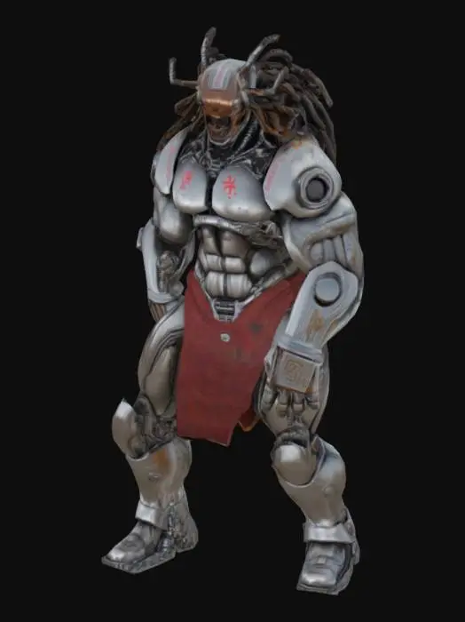 3D model for Ultra-detailed 3D render of a colossal muscular cyborg 'Tank Metalhead'. liquid metal y2k cyberpunk. Hyper-realistic textures: oiled metallic skin fused with armored plating, rivets, and battle scars. Instead of a head, a rusted tank turret emerges, with 5 thick, cable-like dreadlocks made of braided steel chains and hydraulic hoses. Boris Vallejo-inspired palette: burnished copper, gunmetal gray, and blood-red tribal tattoos glowing across chest.  roaring mid-stride on a shattered battlefield, crushing debris under tank-tread boots. Dramatic sunset lighting accentuates chrome abs and dieselpunk exhaust pipes on shoulders. 8k resolution, Unreal Engine 5 realism, subsurface scattering on skin, octane render. Style: hybrid of biomechanical horror and heavy metal album art. T-posed.